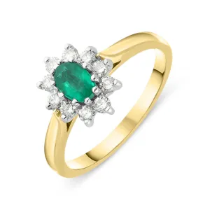 18ct Yellow Gold Emerald Diamond Floral Cluster Ring