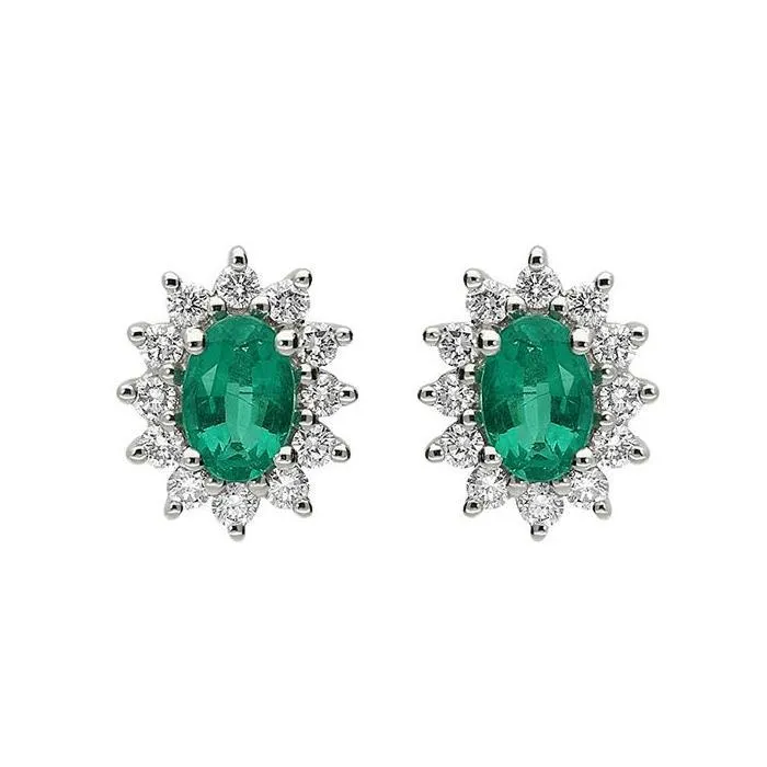 18ct Yellow Gold Emerald Diamond Floral Cluster Stud Earrings