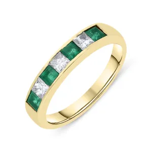 18ct Yellow Gold Emerald Diamond Princess Cut Half Eternity Ring
