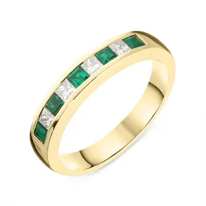 18ct Yellow Gold Emerald Diamond Princess Cut Half Eternity Ring