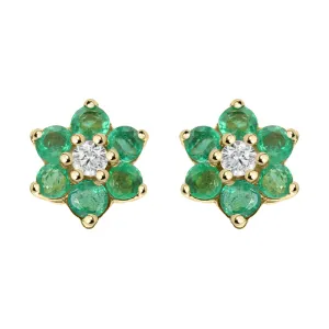 18ct Yellow Gold Emerald Diamond Round Flower Stud Earrings