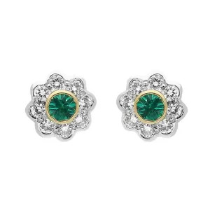 18ct Yellow Gold Emerald Diamond Round Flower Stud Earrings