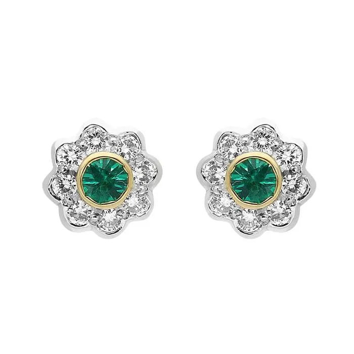 18ct Yellow Gold Emerald Diamond Round Flower Stud Earrings
