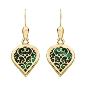 18ct Yellow Gold Malachite Flore Filigree Heart Drop Earrings