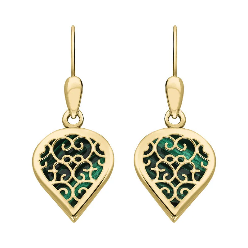 18ct Yellow Gold Malachite Flore Filigree Heart Drop Earrings