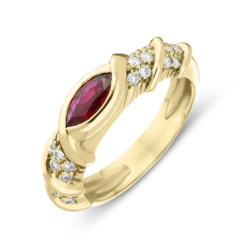 18ct Yellow Gold Marquise Ruby Diamond Dress Ring
