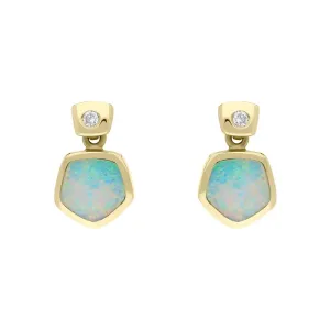 18ct Yellow Gold Opal 0.06ct Diamond Hexagon Shaped Drop Earrings