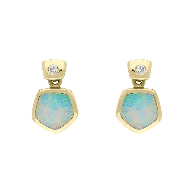 18ct Yellow Gold Opal 0.06ct Diamond Hexagon Shaped Drop Earrings