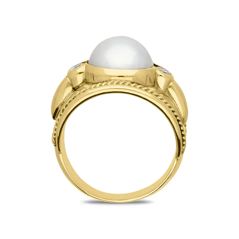18ct Yellow Gold Pearl Diamond Chunky Rope Ring