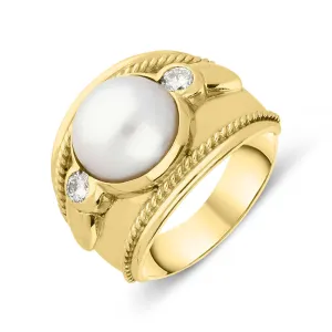 18ct Yellow Gold Pearl Diamond Chunky Rope Ring
