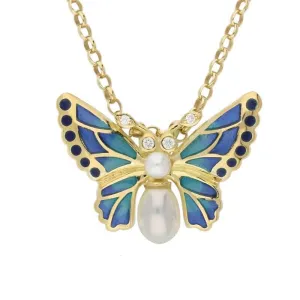 18ct Yellow Gold Pearl Diamond Enamel Style & Fashion Butterfly Necklace