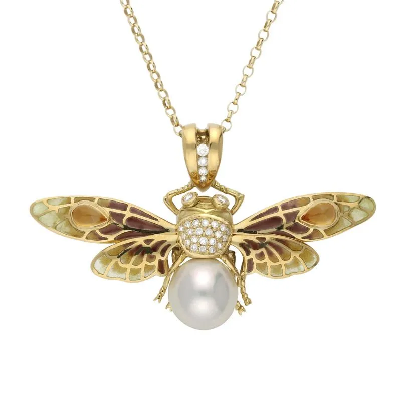 18ct Yellow Gold Pearl Diamond Enamel Style & Fashion Moth Necklace