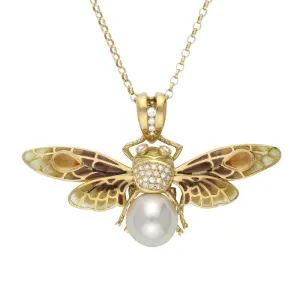 18ct Yellow Gold Pearl Diamond Enamel Style & Fashion Moth Necklace