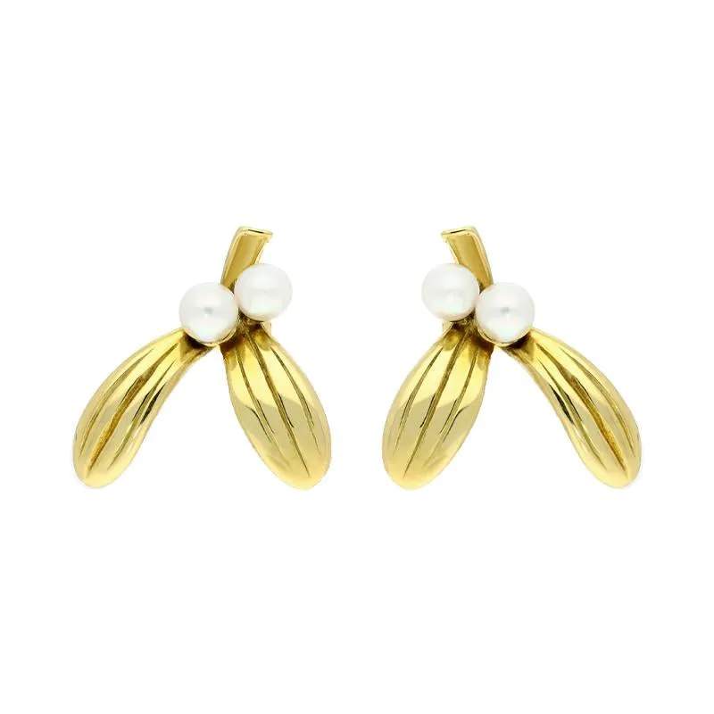 18ct Yellow Gold Pearl Mistletoe Stud Earrings