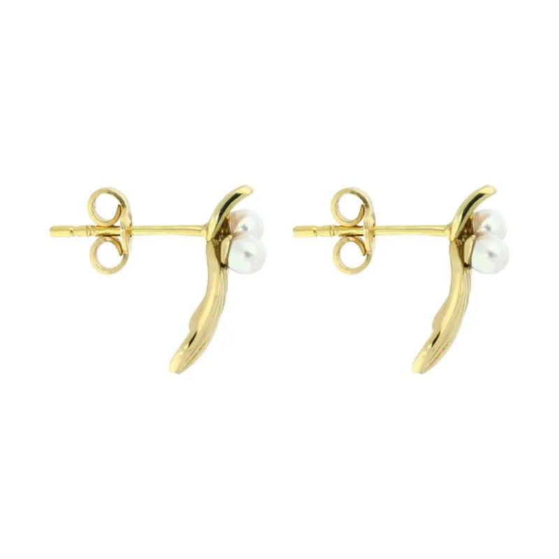 18ct Yellow Gold Pearl Mistletoe Stud Earrings