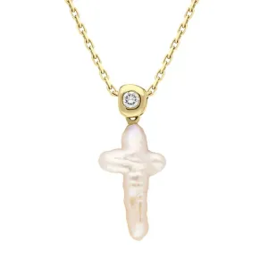 18ct Yellow Gold Pink Mother of Pearl 0.10ct Diamond Unique Cross Necklace
