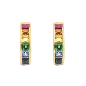 18ct Yellow Gold Rainbow Mixed Stone Princess Cut Curved Stud Earrings