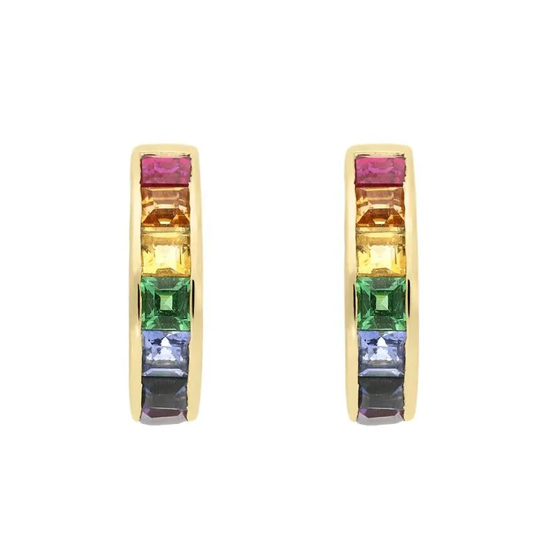 18ct Yellow Gold Rainbow Mixed Stone Princess Cut Curved Stud Earrings