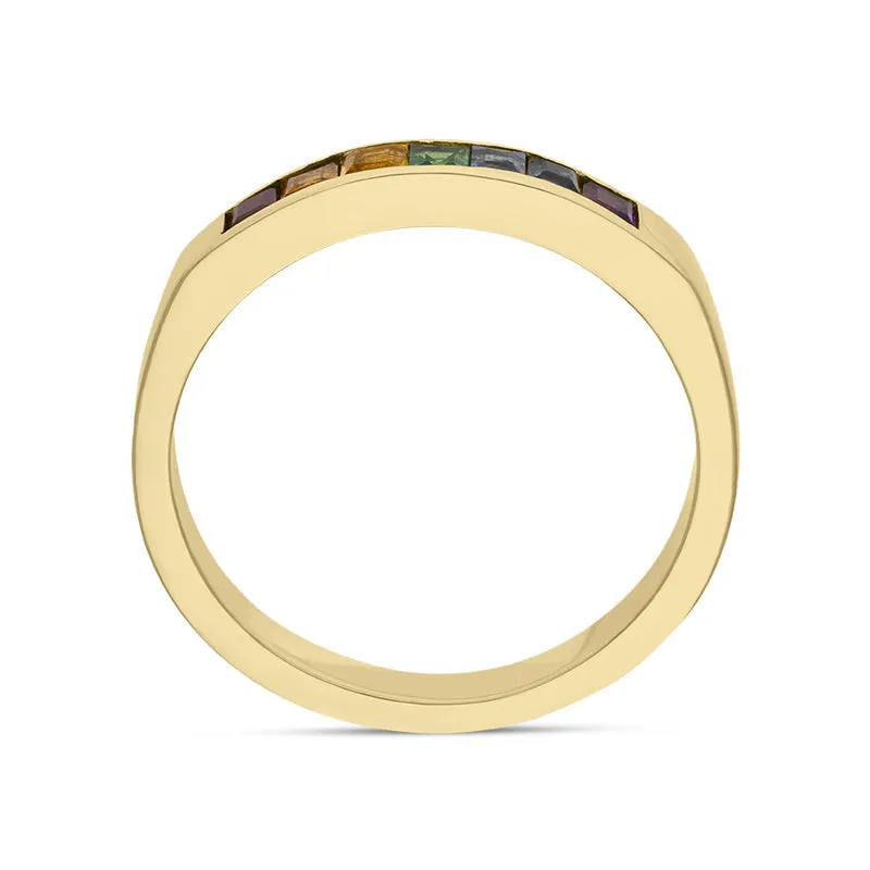 18ct Yellow Gold Rainbow Sapphire Princess Cut Half Eternity Ring