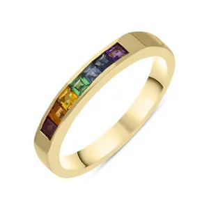 18ct Yellow Gold Rainbow Sapphire Princess Cut Half Eternity Ring