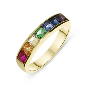 18ct Yellow Gold Rainbow Sapphire Princess Cut Half Eternity Ring