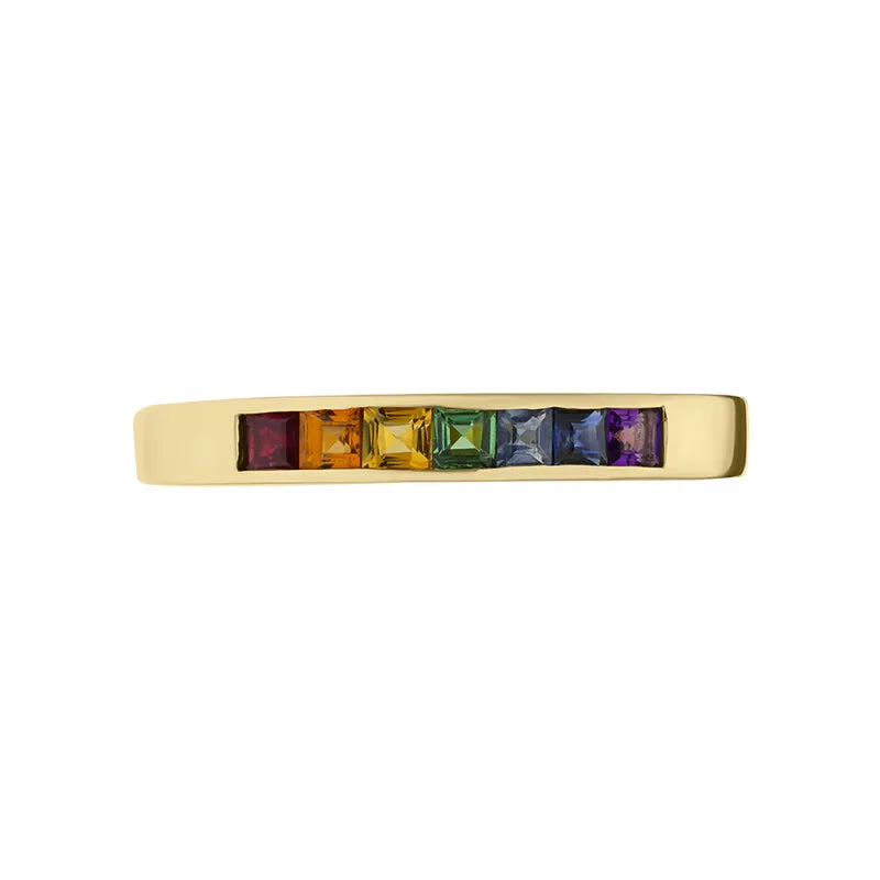 18ct Yellow Gold Rainbow Sapphire Princess Cut Half Eternity Ring