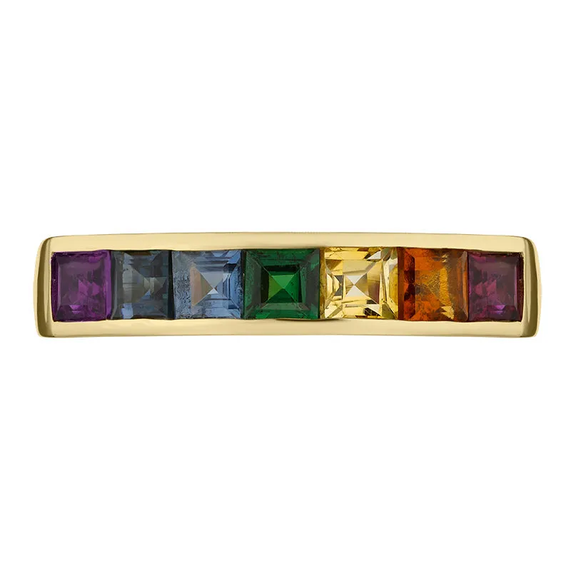 18ct Yellow Gold Rainbow Sapphire Princess Cut Half Eternity Ring