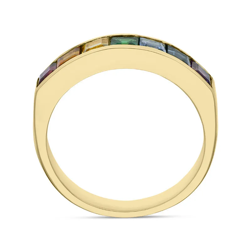 18ct Yellow Gold Rainbow Sapphire Princess Cut Half Eternity Ring