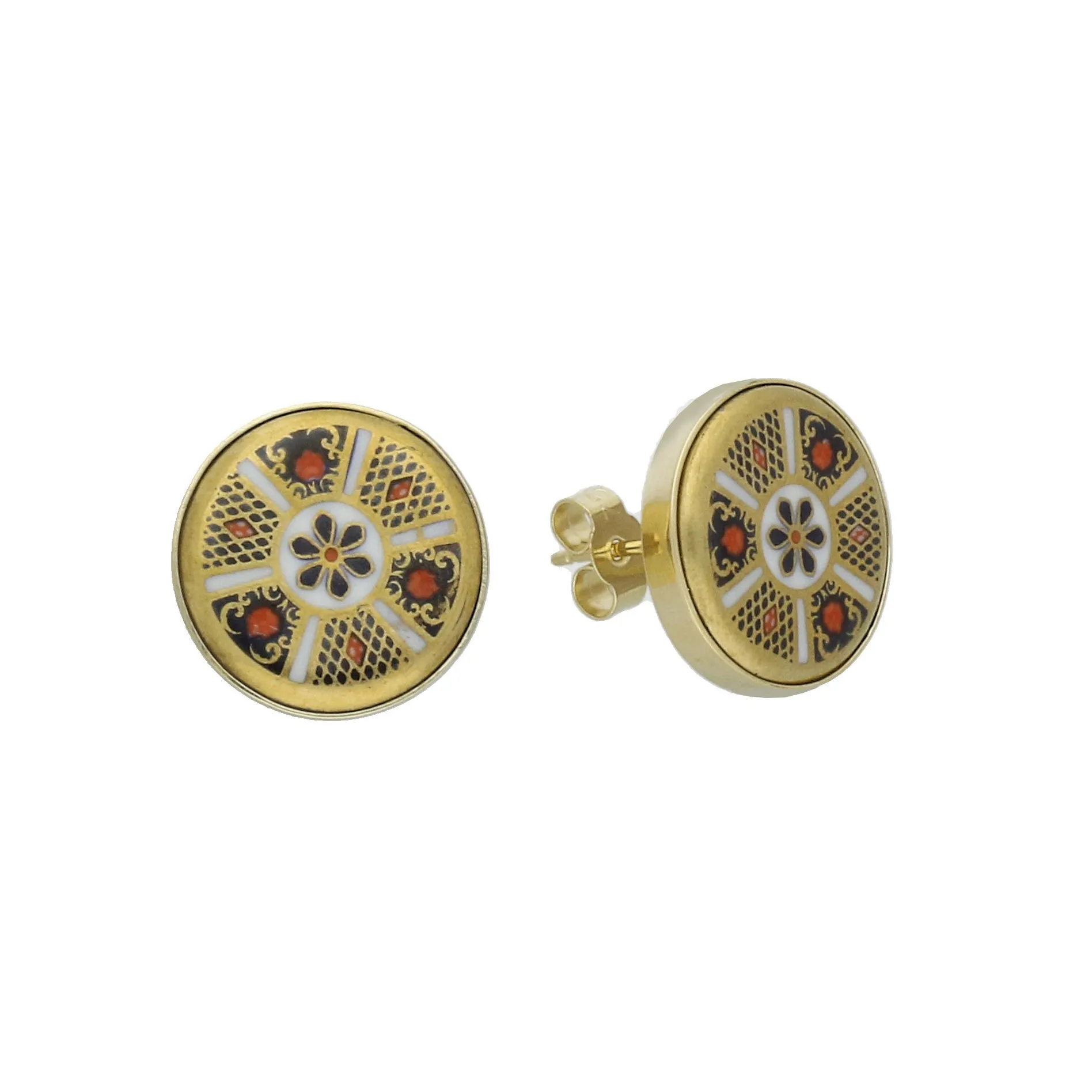 18ct Yellow Gold Royal Crown Derby Imari Round Earrings