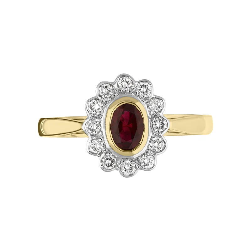 18ct Yellow Gold Ruby Diamond Oval Cluster Ring D