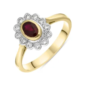 18ct Yellow Gold Ruby Diamond Oval Cluster Ring D