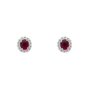 18ct Yellow Gold Ruby Diamond Oval Cluster Stud Earrings