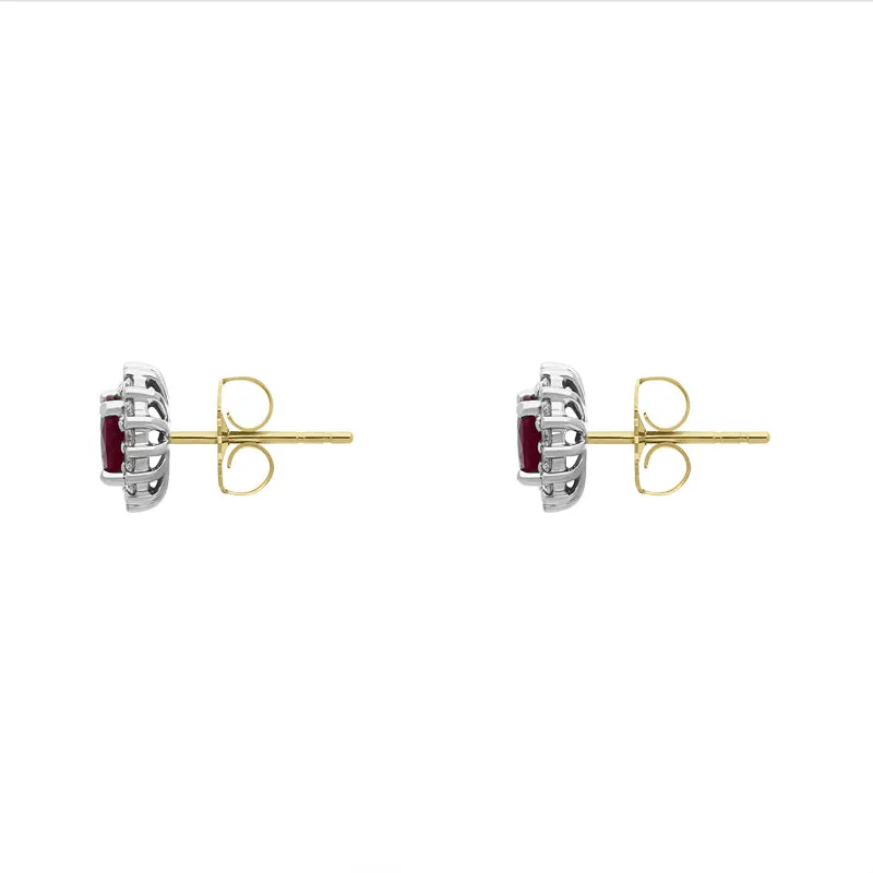 18ct Yellow Gold Ruby Diamond Oval Cluster Stud Earrings