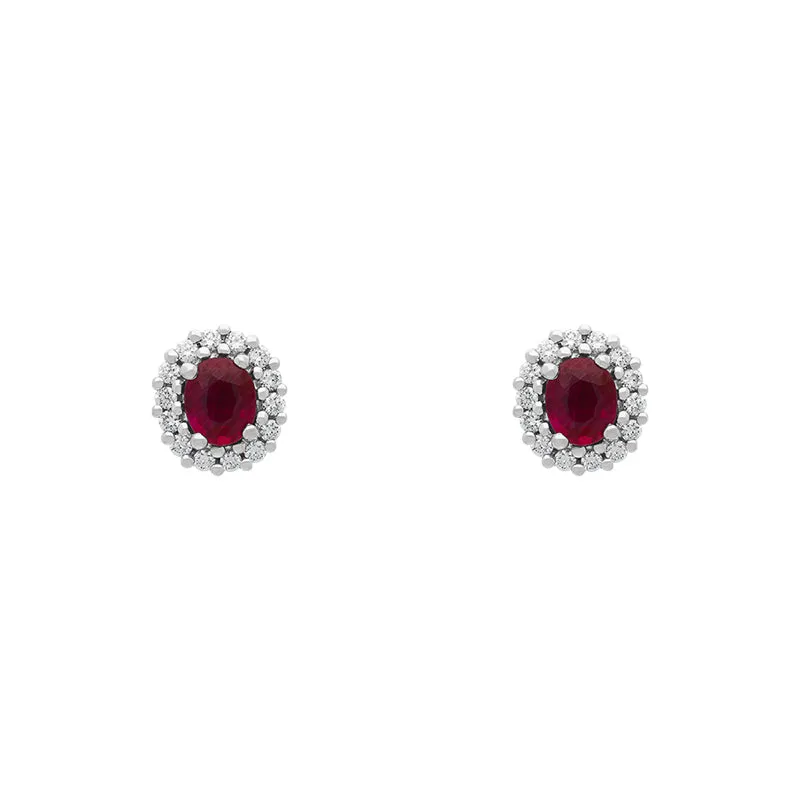 18ct Yellow Gold Ruby Diamond Oval Cluster Stud Earrings