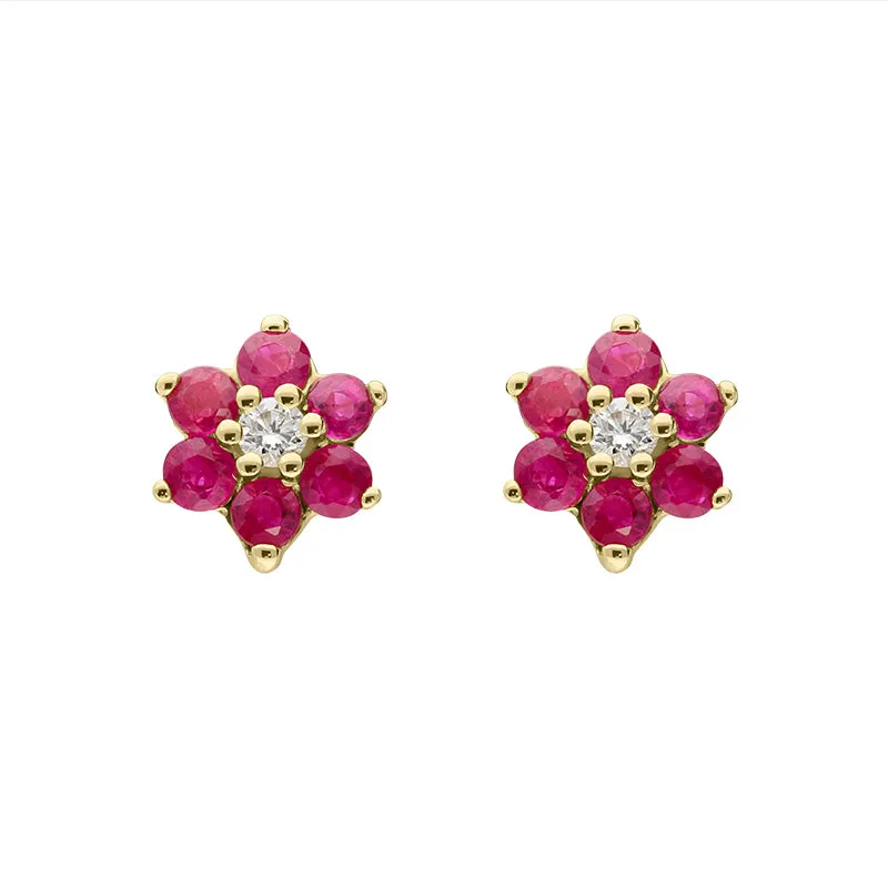 18ct Yellow Gold Ruby Diamond Round Flower Stud Earrings