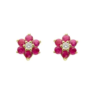 18ct Yellow Gold Ruby Diamond Round Flower Stud Earrings