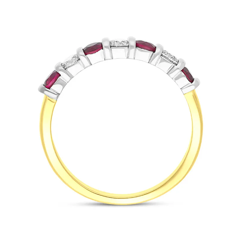 18ct Yellow Gold Ruby Diamond Seven Stone Bar Set Ring
