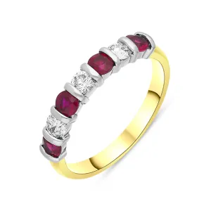 18ct Yellow Gold Ruby Diamond Seven Stone Bar Set Ring