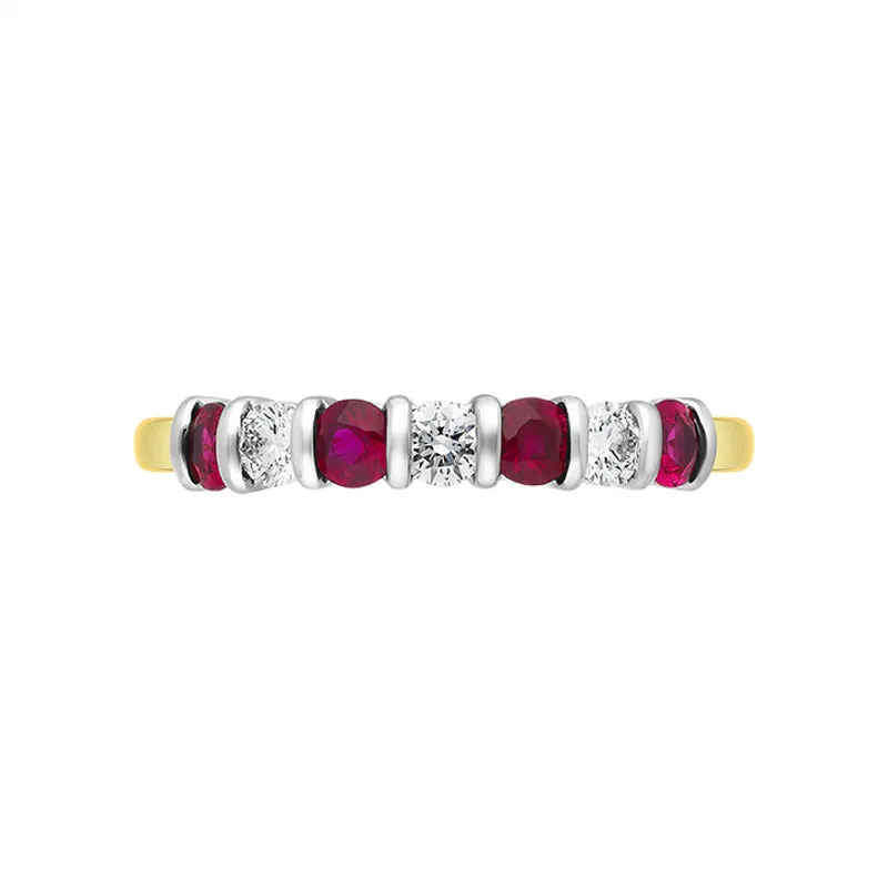 18ct Yellow Gold Ruby Diamond Seven Stone Bar Set Ring
