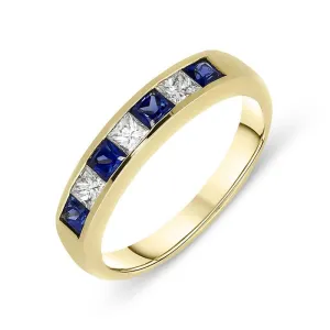 18ct Yellow Gold Sapphire Diamond Princess Cut Half Eternity Ring D