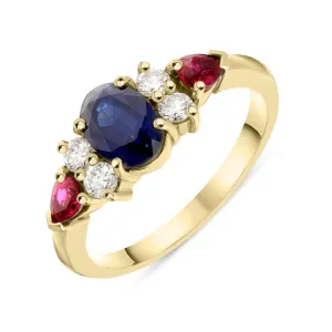 18ct Yellow Gold Sapphire Ruby Diamond Oval Cut Claw Set Ring