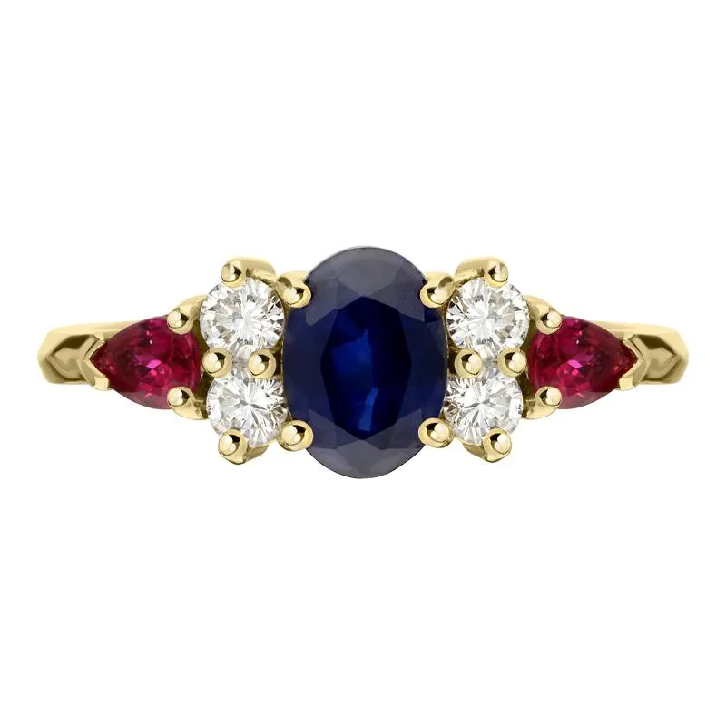 18ct Yellow Gold Sapphire Ruby Diamond Oval Cut Claw Set Ring