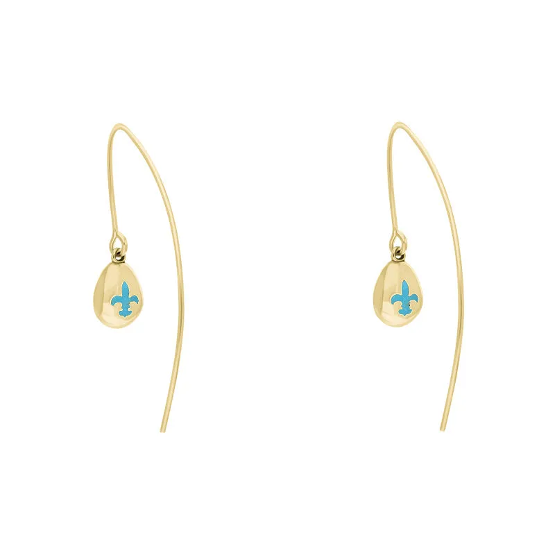 18ct Yellow Gold Turquoise Fleur De Lis Disc Drop Earrings