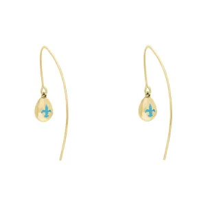 18ct Yellow Gold Turquoise Fleur De Lis Disc Drop Earrings