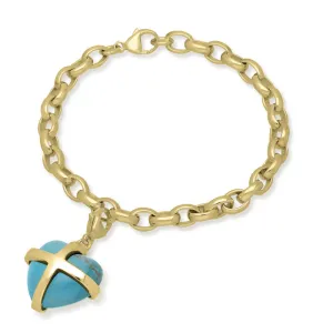 18ct Yellow Gold Turquoise Large Cross Heart Charm Bracelet