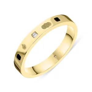 18ct Yellow Gold Whitby Jet 0.05ct Diamond Queen's Jubilee Hallmark Princess Cut 3mm Ring D