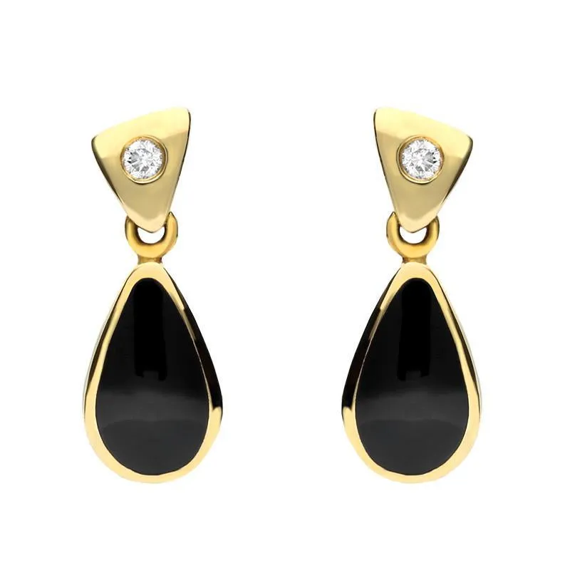 18ct Yellow Gold Whitby Jet 0.06ct Diamond Dinky Pear Drop Earrings D