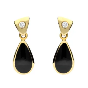 18ct Yellow Gold Whitby Jet 0.06ct Diamond Dinky Pear Drop Earrings D