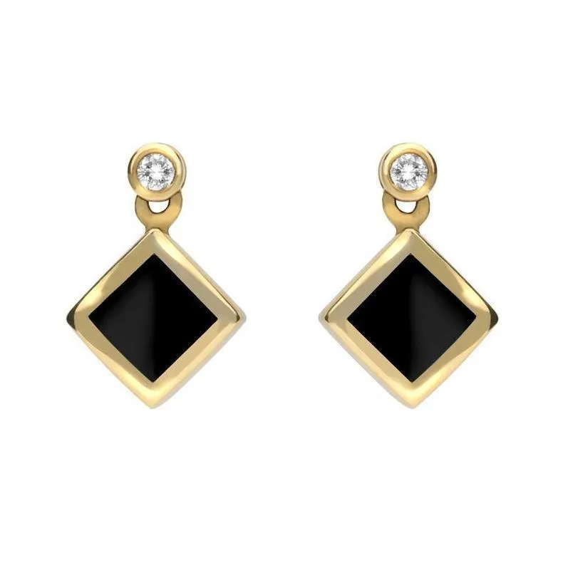 18ct Yellow Gold Whitby Jet 0.06ct Diamond Top Square Stud Earrings