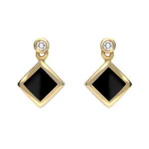18ct Yellow Gold Whitby Jet 0.06ct Diamond Top Square Stud Earrings